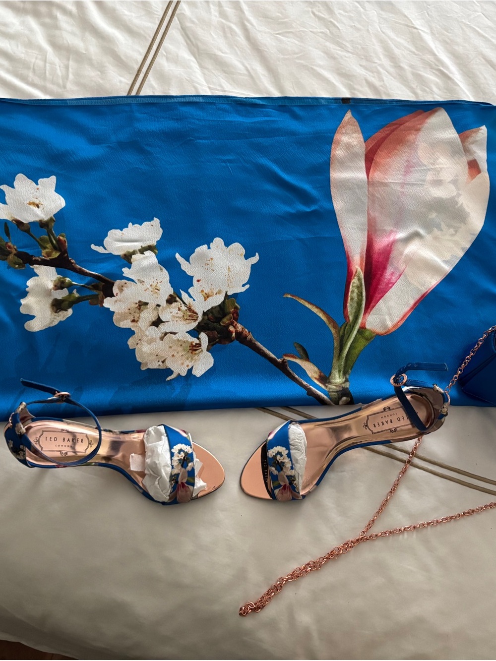 BUNDLE - Ted Baker Blue Floral Ankle-Strap Sandals, Matching Purse and Shawl